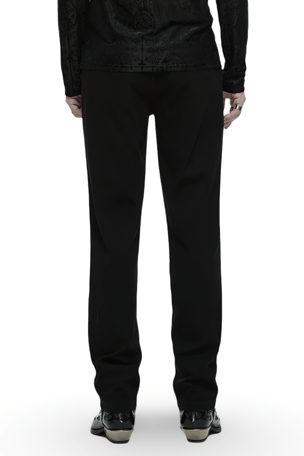 Men’s gothic straight-leg trousers featuring retro buckles, viewed from the back, showcasing sleek minimalist design.