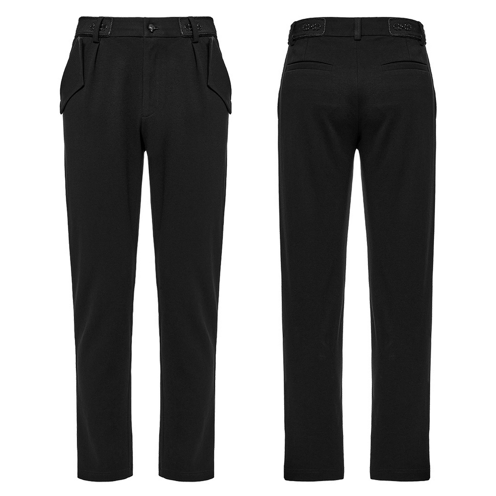 Men's Gothic straight-leg trousers in black with retro buckles and pockets, showcasing a minimalist design.