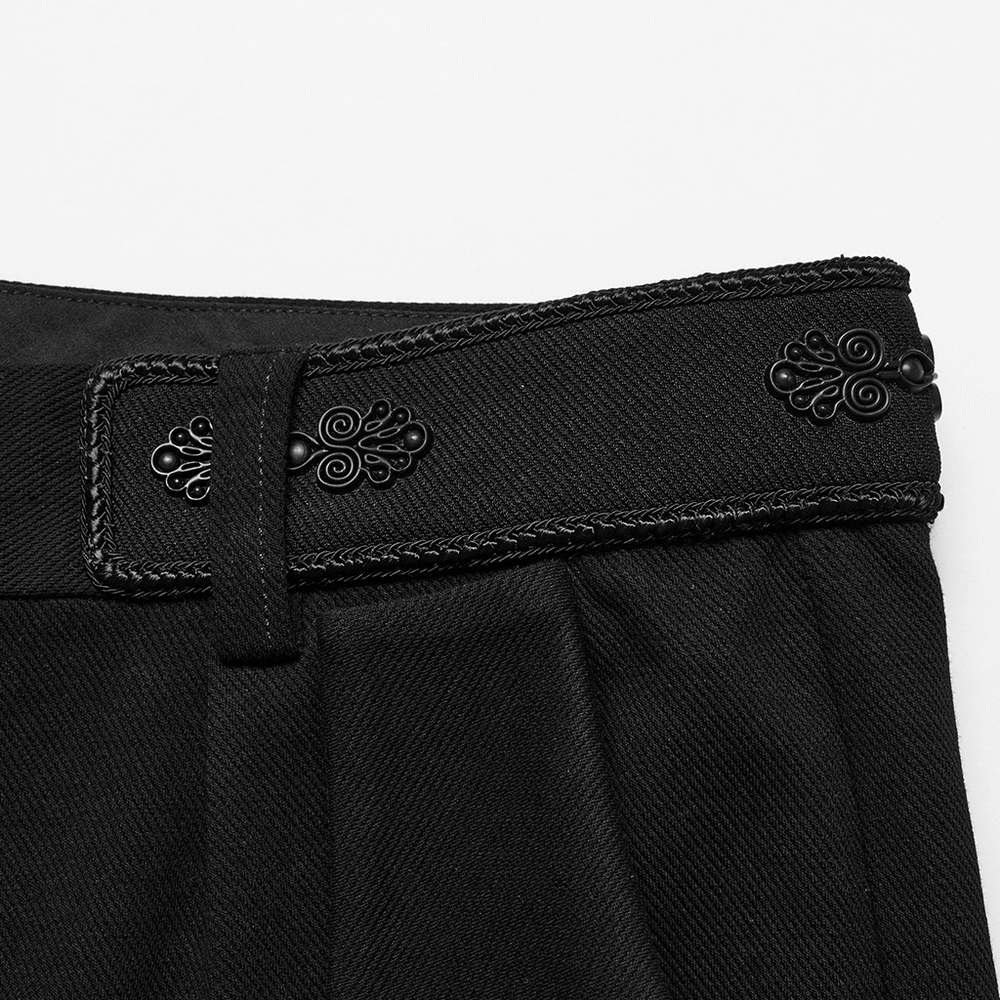 Close-up of the retro buckles and waistband of men's gothic straight-leg trousers, highlighting gothic minimalist style.