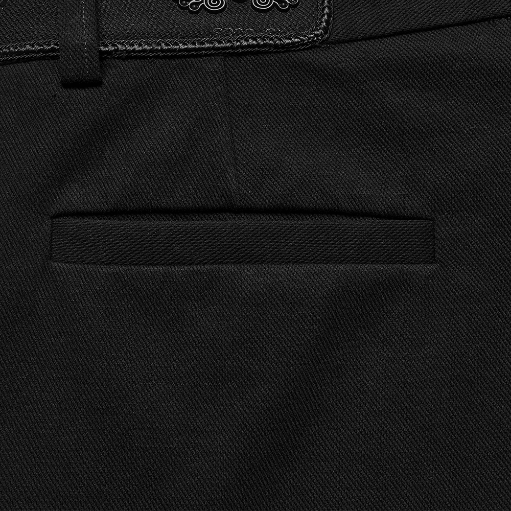 Close-up of a pocket detail on men's gothic straight-leg trousers featuring retro buckles in black fabric.