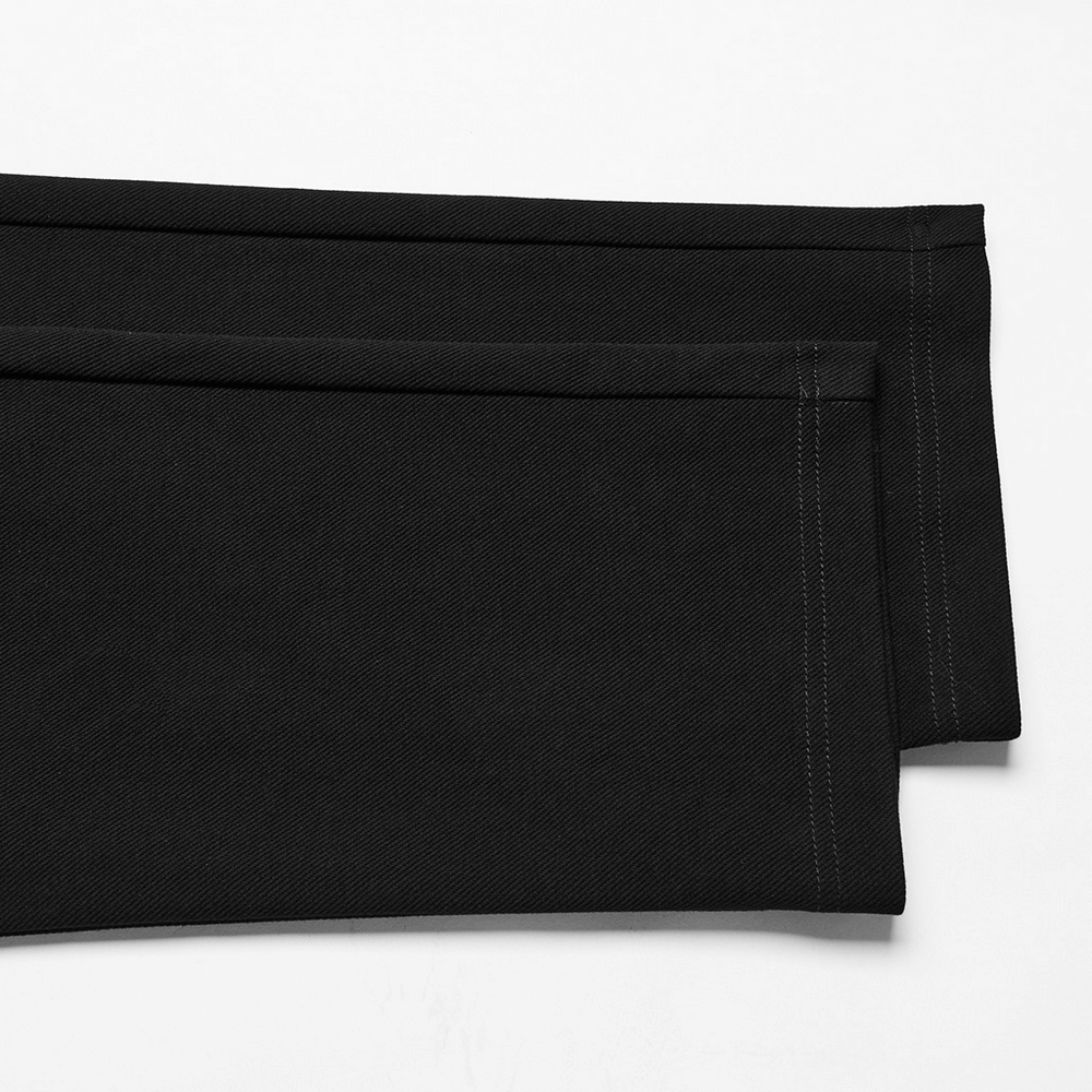 Close-up of men's gothic straight-leg trousers showcasing sleek black fabric and minimalist design details.