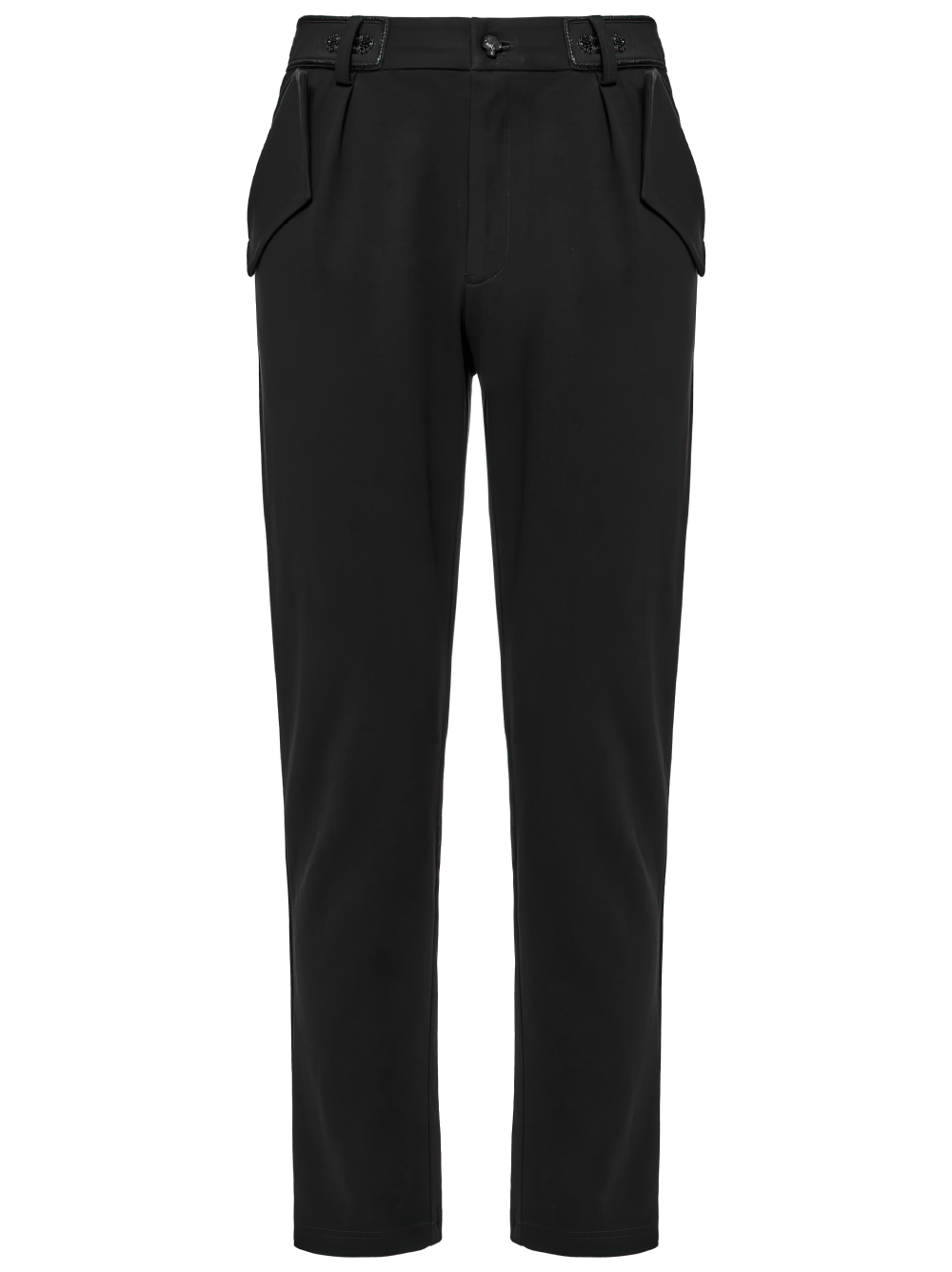 Men's gothic straight-leg trousers with retro buckles and pockets in black twill fabric. Perfect for a minimalist wardrobe upgrade.