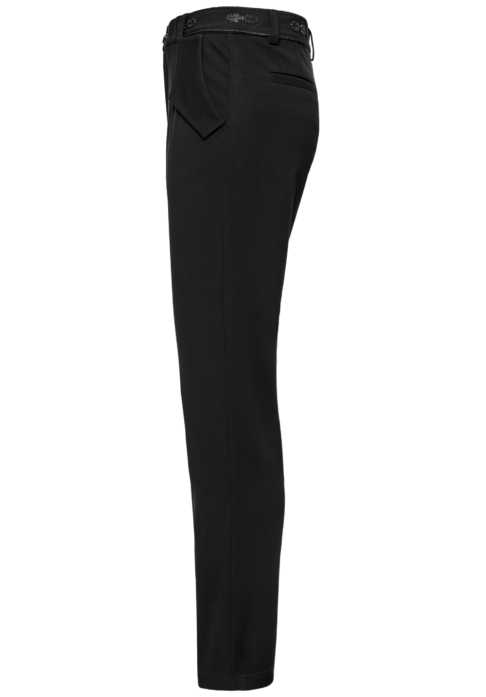 Side view of men's gothic straight-leg trousers with retro buckles and pockets in black elastic twill fabric.