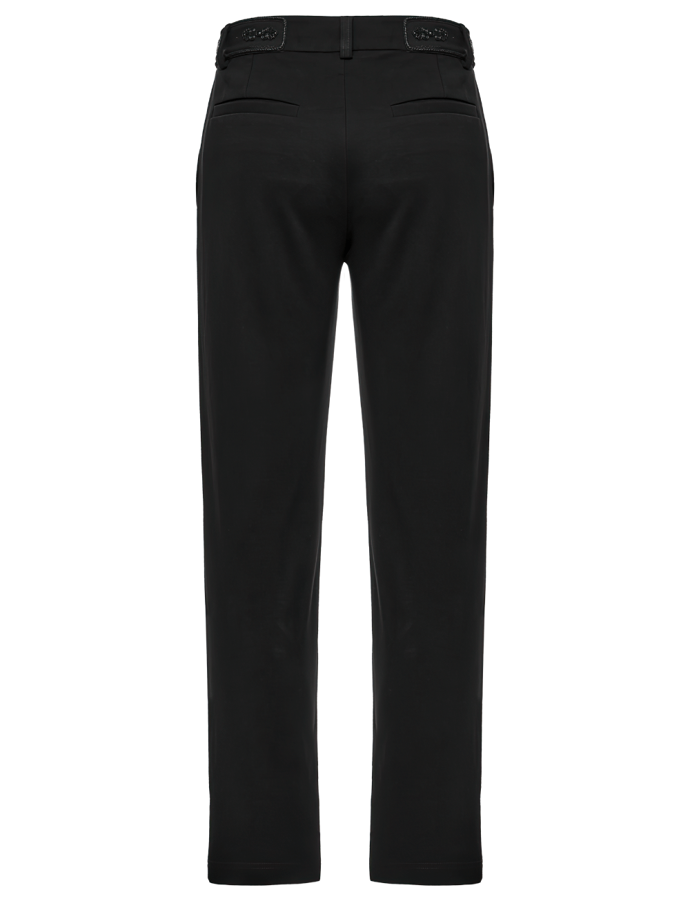 Men's black gothic straight-leg trousers featuring retro buckles and back pockets, perfect for a minimalist style.