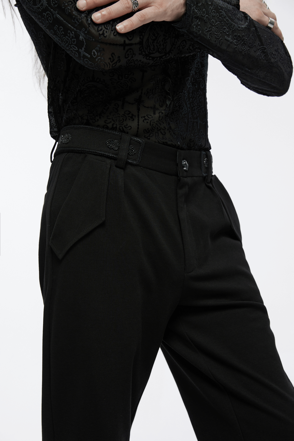 Men's gothic straight-leg trousers with retro buckles and pockets, showcasing a minimalist style and sleek silhouette.