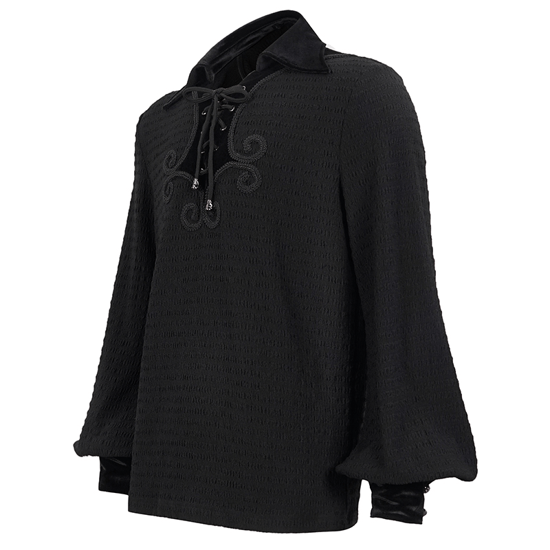 Men's gothic strappy puff-sleeved shirt with lace-up detailing and turn-down collar, perfect for a dramatic look.