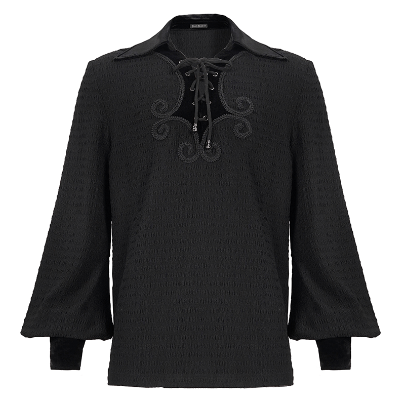 Men's Gothic strappy puff-sleeved shirt with turn-down collar and lace-up detailing in black.