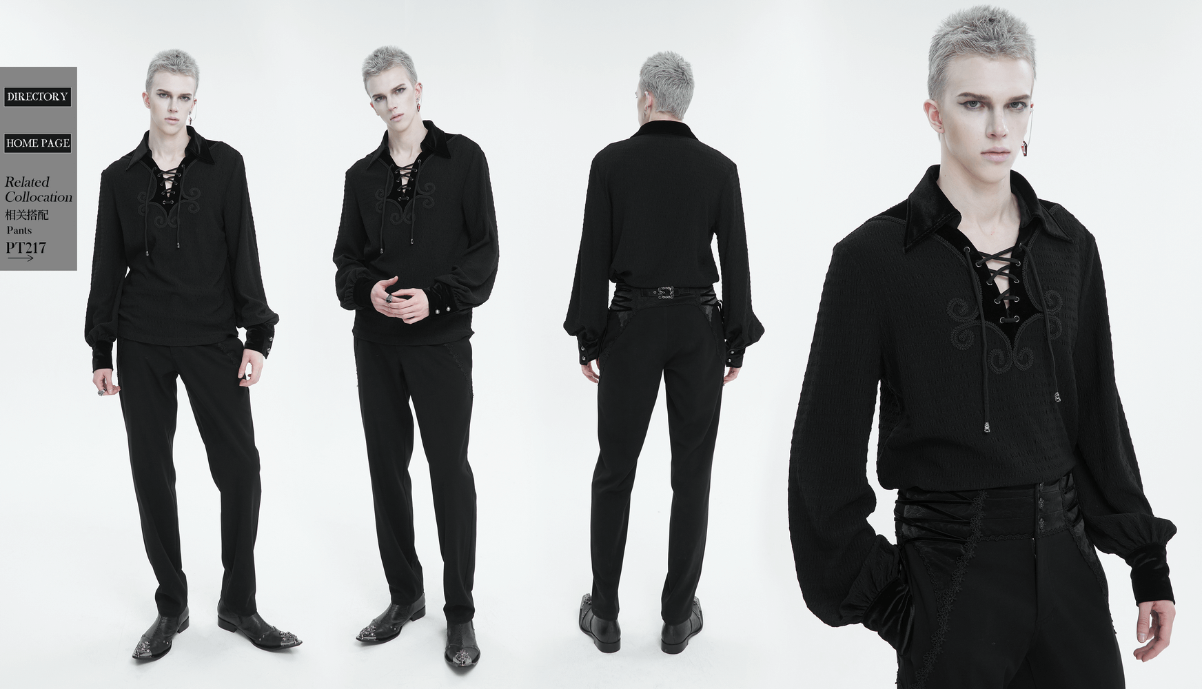 Men's Gothic puff-sleeved shirt with lace-up detailing and turn-down collar, styled with black trousers.