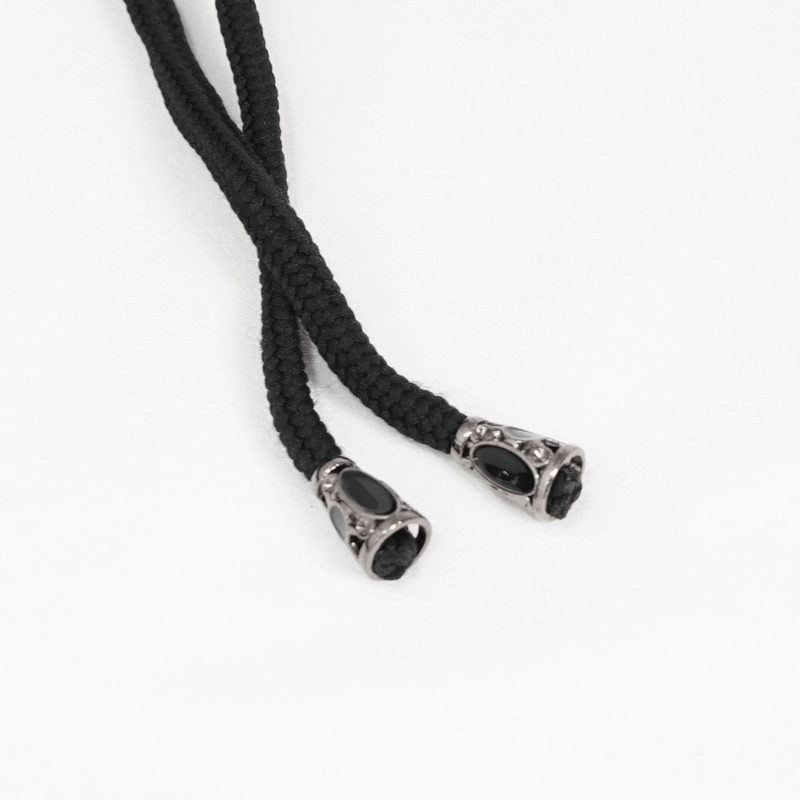 Black braided cord ends with ornate silver caps featuring black gemstones, perfect for gothic or alternative styles.