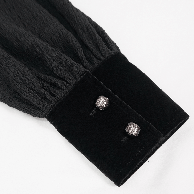 Close-up of the elegant puff sleeve cuff of a men's gothic shirt, featuring stylish silver buttons and textured fabric.
