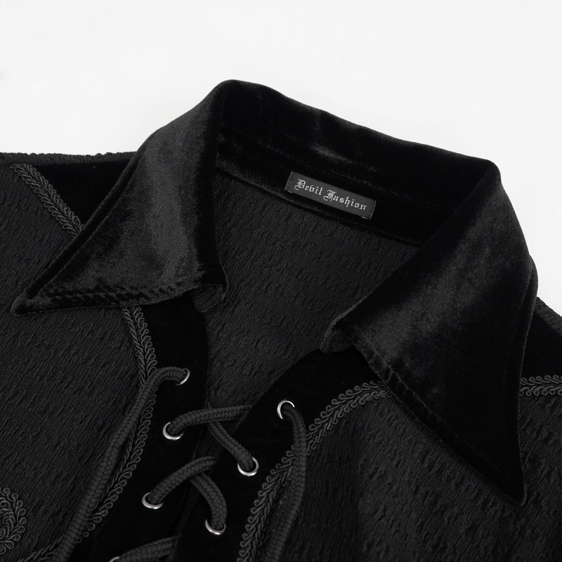Men's Gothic strappy puff sleeved shirt with lace-up and turn-down collar, perfect for alternative fashion enthusiasts.