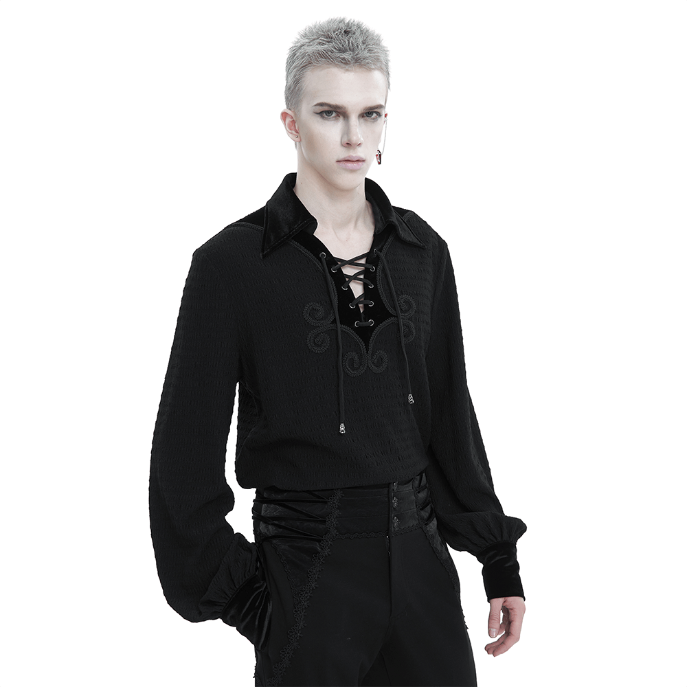 Men's Gothic Strappy Puff Sleeved Shirt / Male Turn-Down Collar Loose Shirt with Lace up - HARD'N'HEAVY