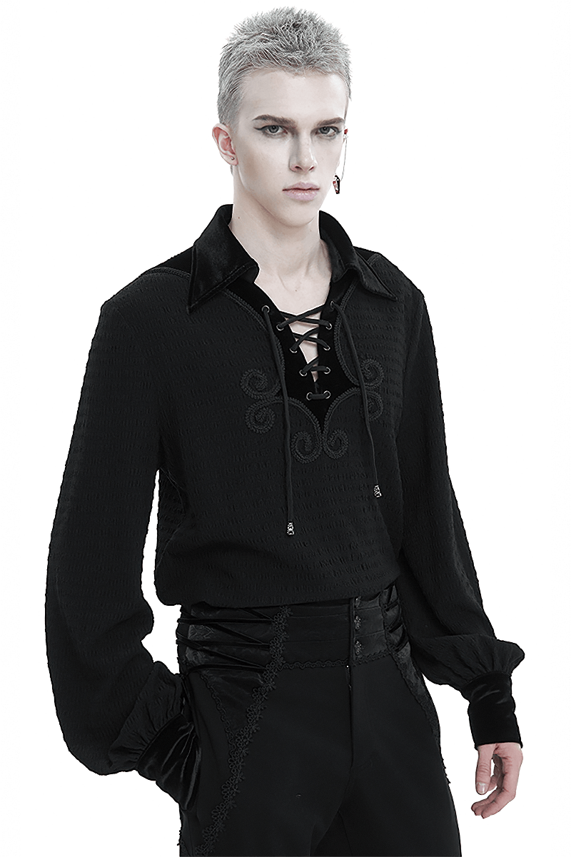 Men's Gothic strappy puff-sleeved shirt featuring lace-up detail and turn-down collar, perfect for an alternative style.
