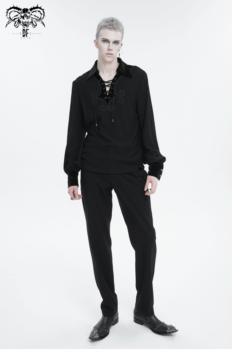 Men's gothic strappy puff-sleeved shirt with lace-up detailing and turn-down collar in black.
