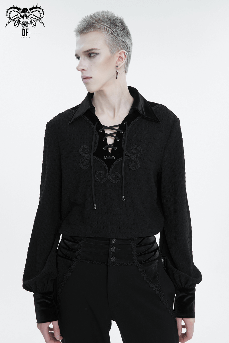 Men's Gothic Strappy Puff Sleeved Shirt / Male Turn-Down Collar Loose Shirt with Lace up - HARD'N'HEAVY