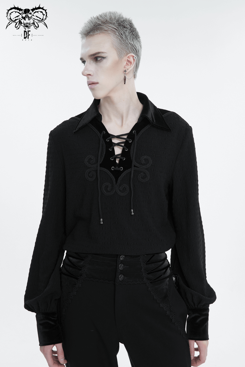 Men's gothic strappy puff-sleeved shirt with lace-up detail and turn-down collar, perfect for a bold, edgy look.