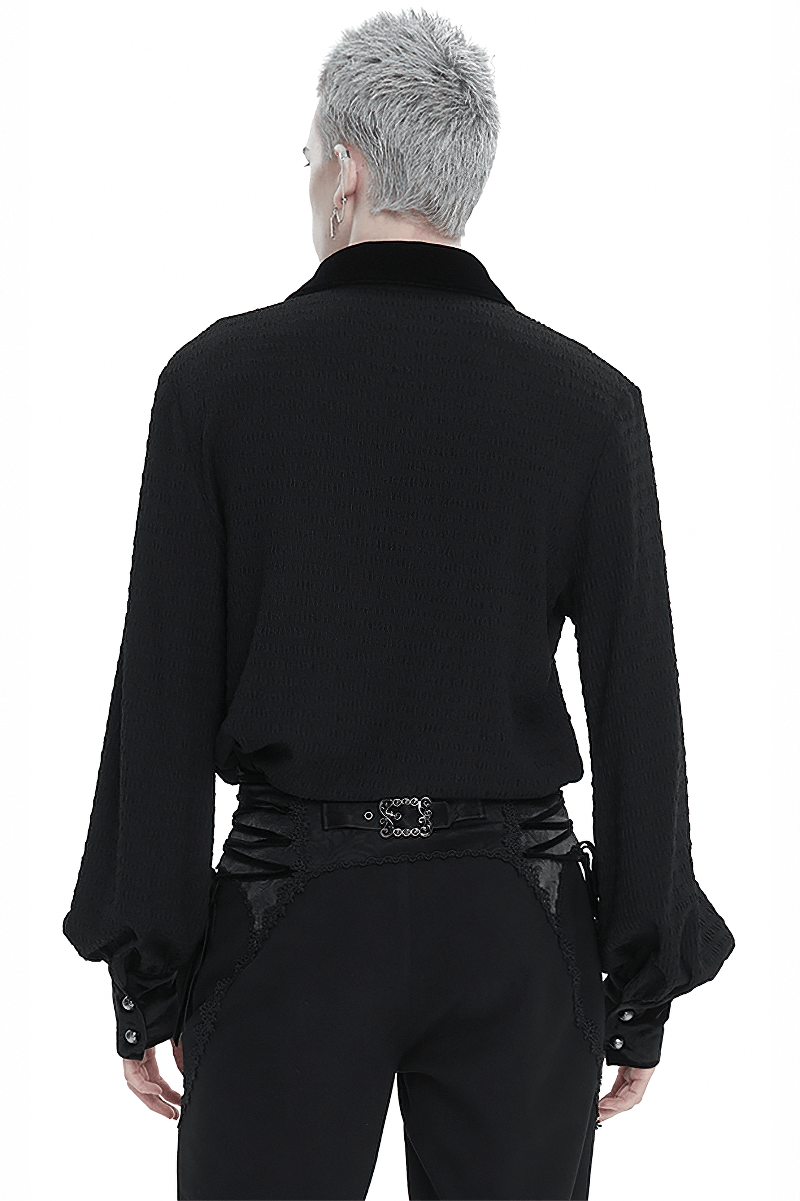 Back view of men's Gothic strappy puff sleeved shirt, showcasing turn-down collar and dramatic puff sleeves.