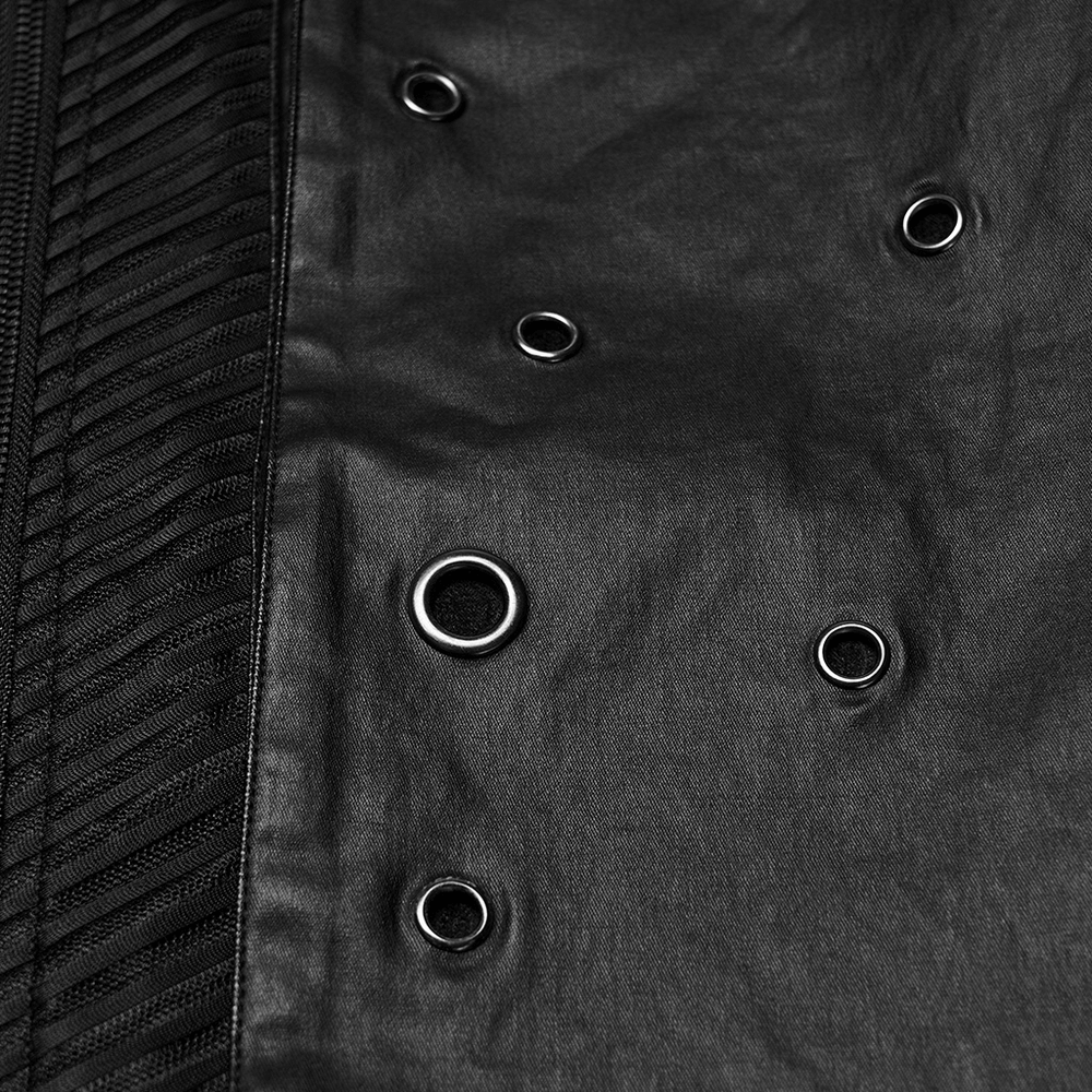 Close-up of button eyelets on Men's Gothic Suede and Twill Cyberpunk Eyelet Jacket, showcasing industrial design details.