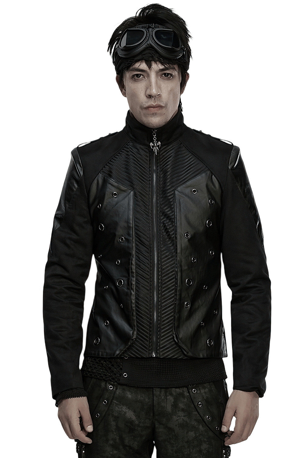 Men's Gothic Suede and Twill Cyberpunk Eyelet Jacket modeled by a man wearing goggles in a punk rock style.