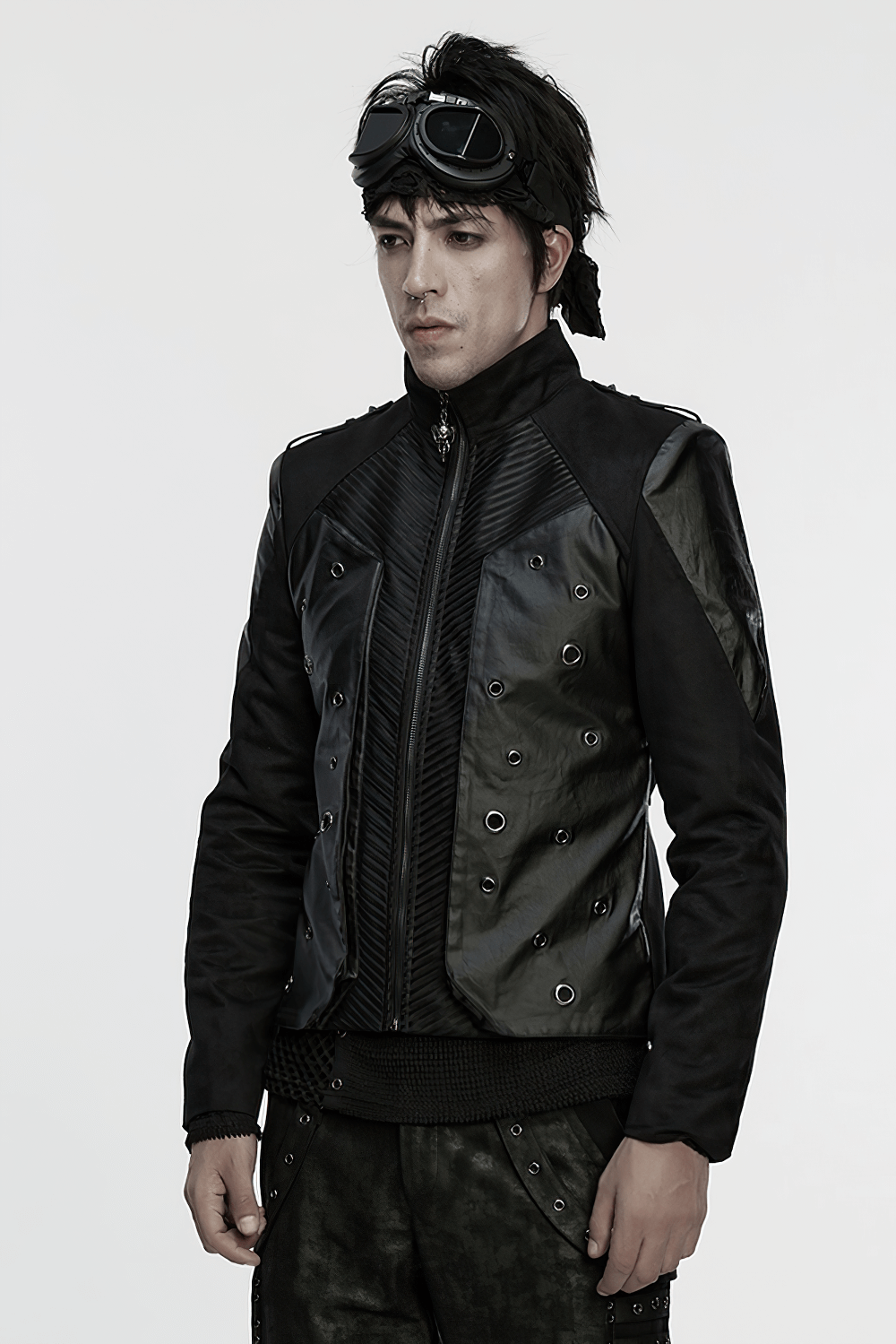 Men's Gothic Suede and Twill Cyberpunk Eyelet Jacket worn by model with goggles in a stylish pose.