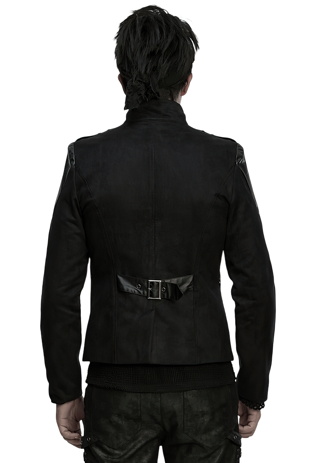 Men's Gothic Suede and Twill Cyberpunk Eyelet Jacket showcasing a structured back with buckle detail and sleek design.