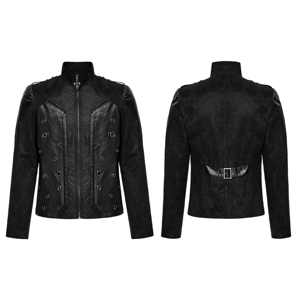 Men's Gothic Suede and Twill Cyberpunk Eyelet Jacket with powerful silhouette and industrial eyelet details.