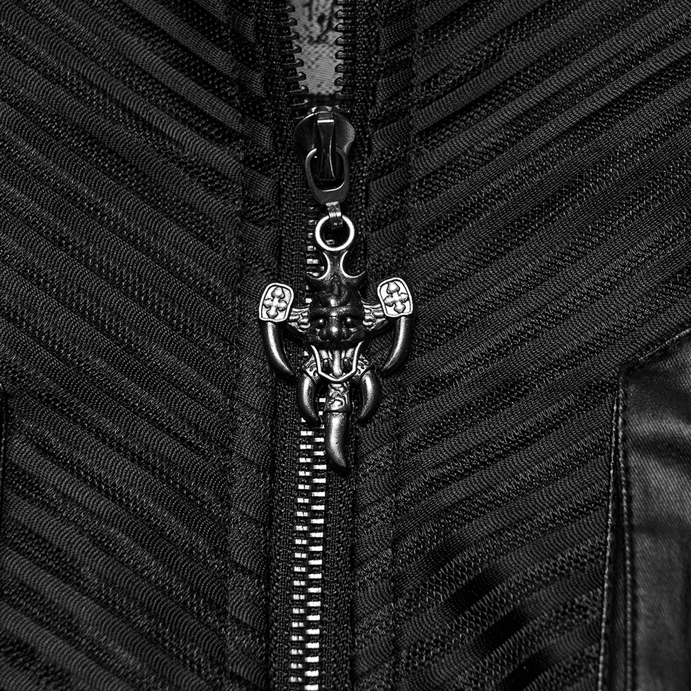 Close-up of the zipper and unique pull featuring a gothic design on Men's Gothic Suede and Twill Cyberpunk Eyelet Jacket.