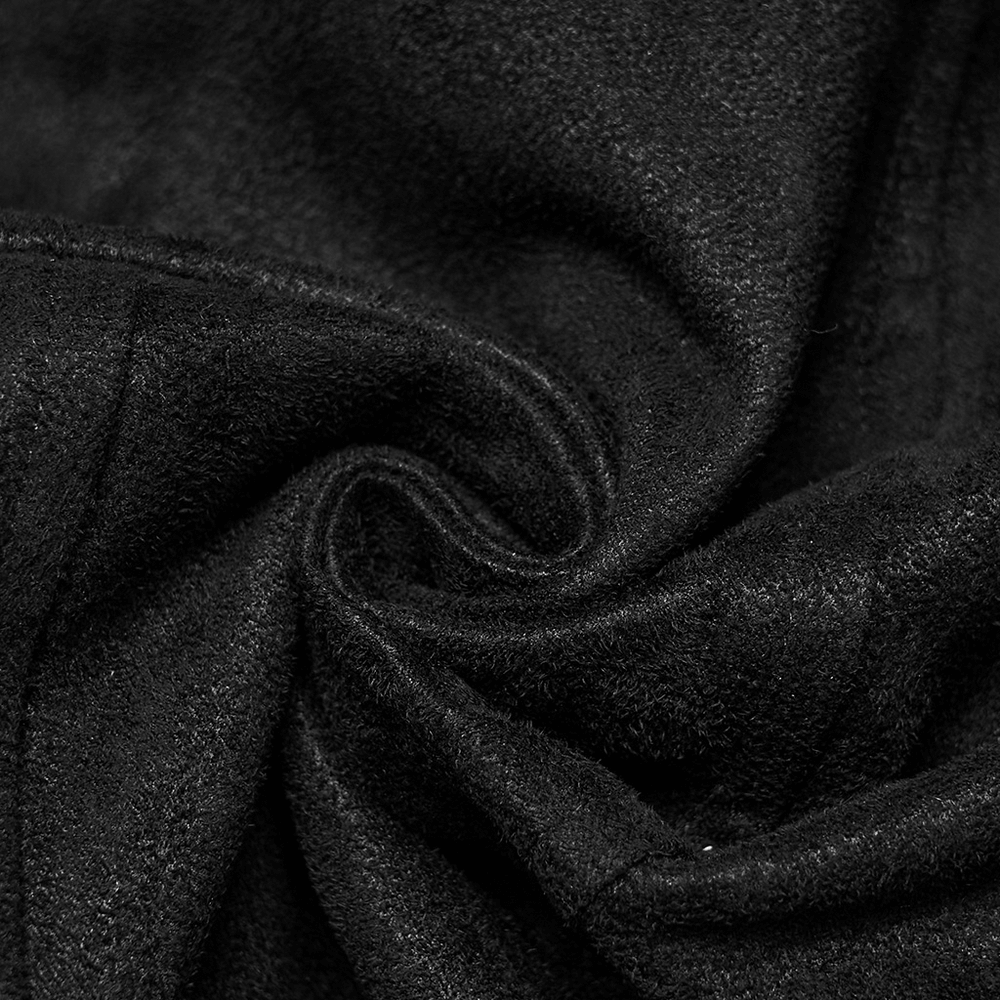 Men's Gothic Suede and Twill Cyberpunk Eyelet Jacket fabric close-up, showcasing soft black suede texture.