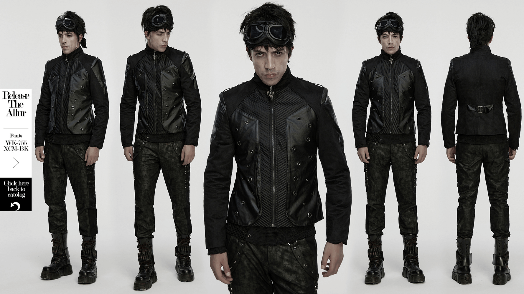 Men's Gothic Suede and Twill Cyberpunk Eyelet Jacket worn by model showcasing 3D design and punk rock style.