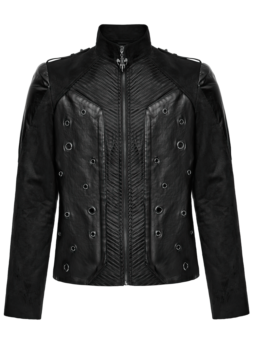 Men's Gothic Suede and Twill Cyberpunk Eyelet Jacket featuring metal eyelets and a structured fit.