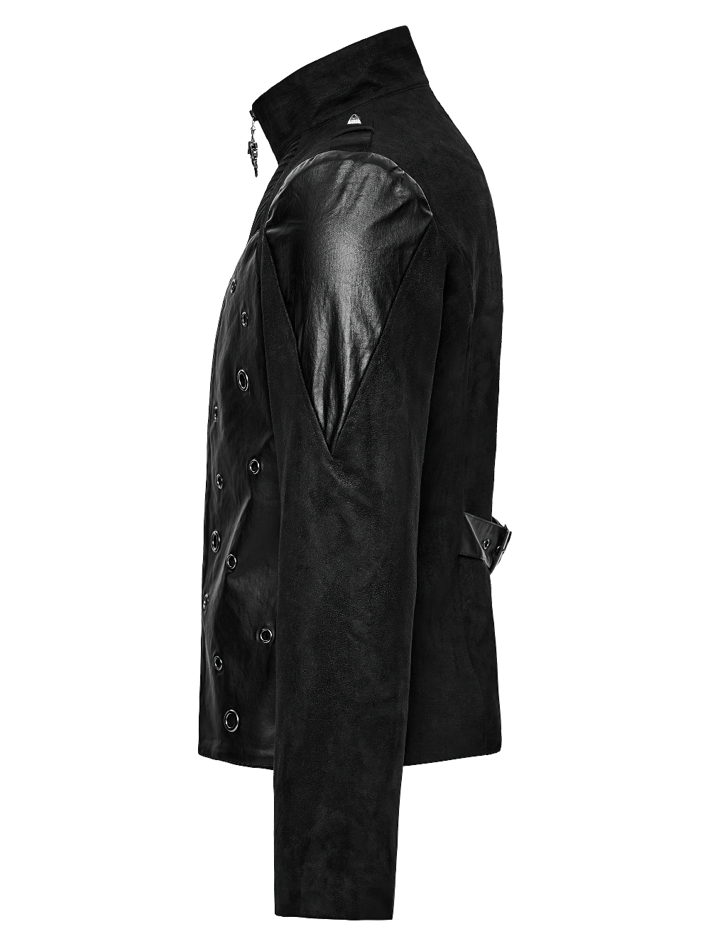 Men's Gothic Suede and Twill Cyberpunk Eyelet Jacket side view, featuring eyelets and a structured fit.