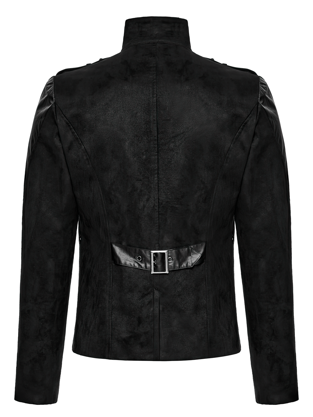 Men's Gothic Suede and Twill Cyberpunk Eyelet Jacket back view showcasing buckle detail.
