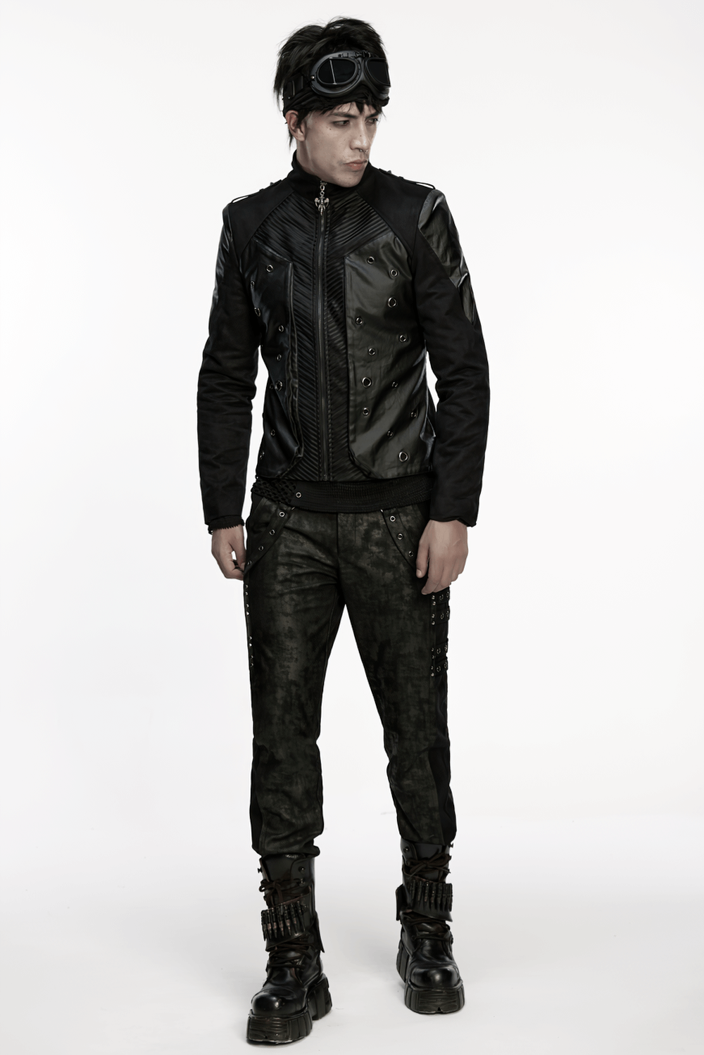Men's Gothic Suede and Twill Cyberpunk Eyelet Jacket worn by model, showcasing punk rock style with industrial details.