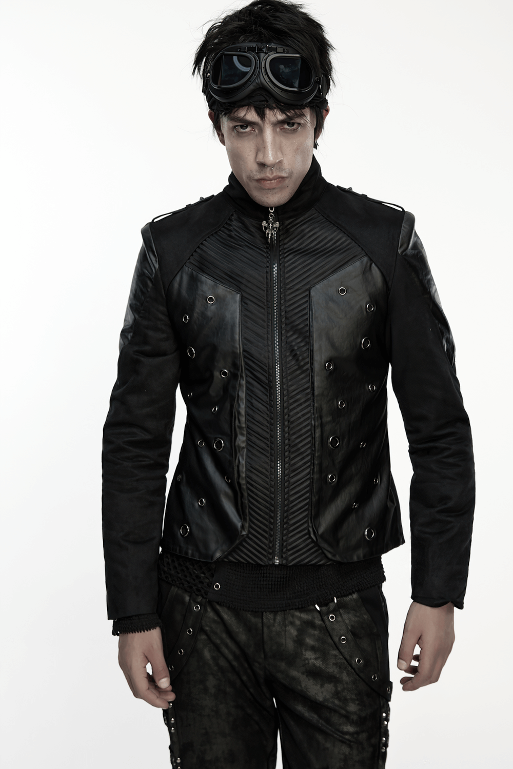 Men's Gothic Suede and Twill Cyberpunk Eyelet Jacket worn by model with punk goggles, showcasing a bold punk rock style.