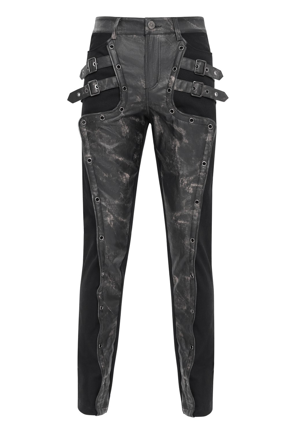 Men's gothic techwear pants with buckles, rivets, and faux leather panels for a bold punk style.