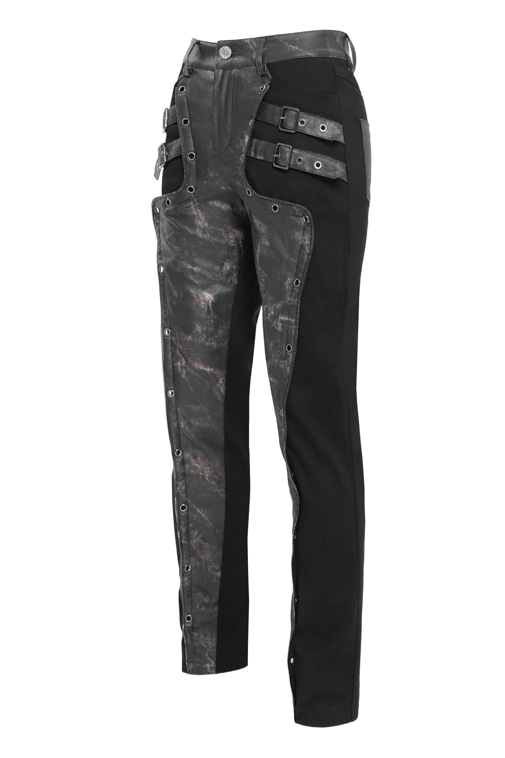 Men's gothic techwear pants featuring buckles, panels, and rivets for a bold, industrial punk style.