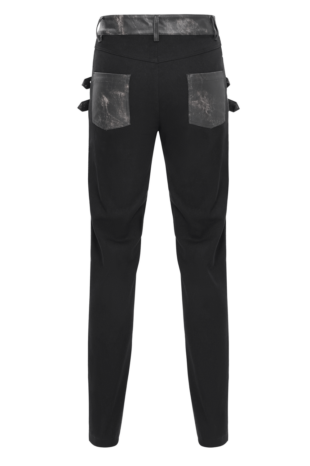 Men's black gothic techwear pants featuring faux leather panels and side buckled straps, perfect for alt fashion.