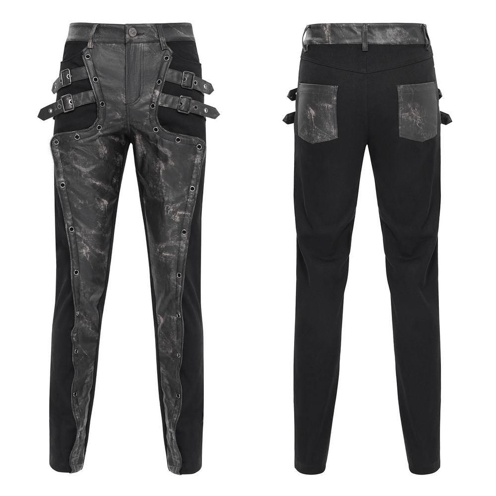 Men's gothic techwear pants with buckles and distressed faux leather panels, perfect for industrial punk fashion.