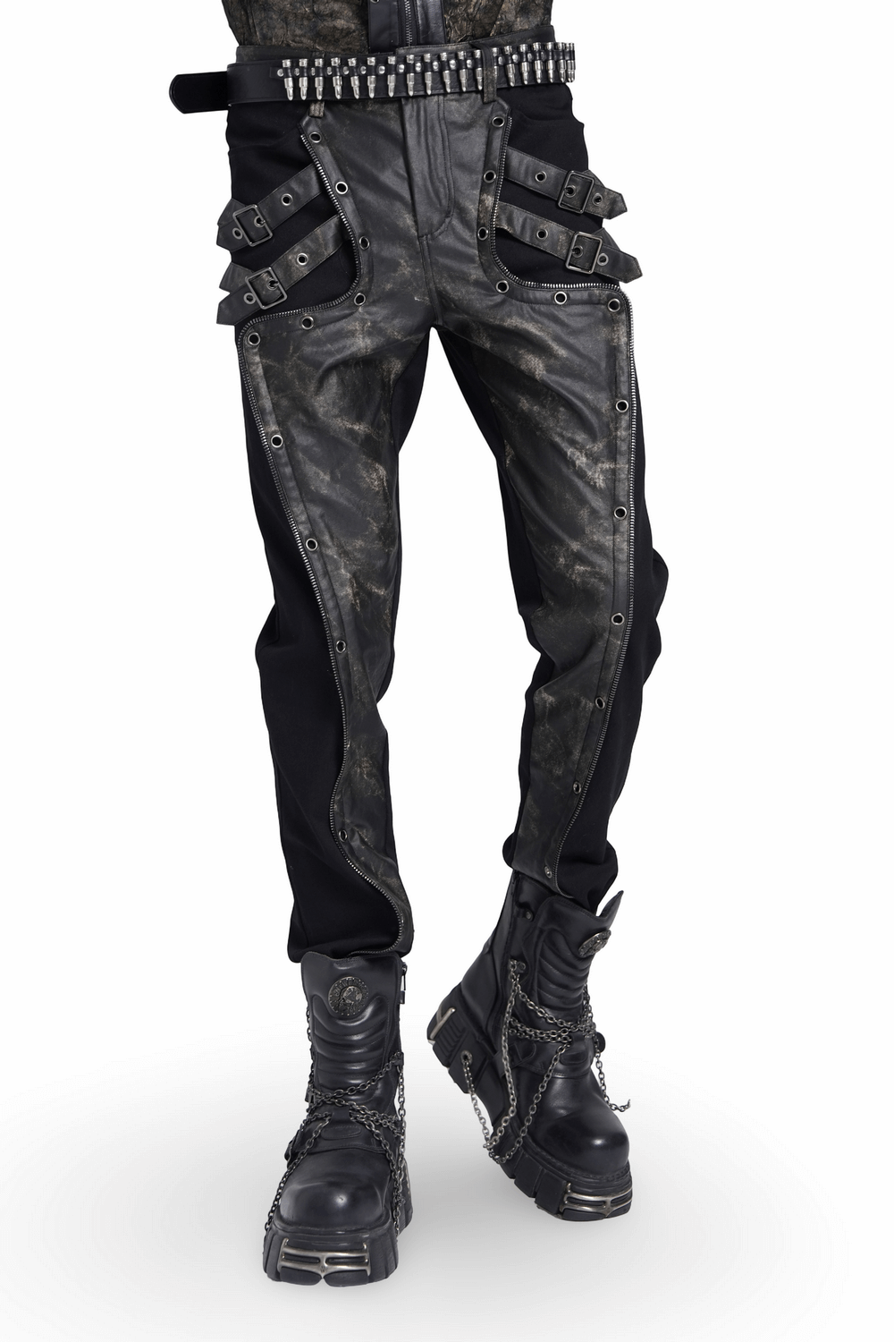 Men's gothic techwear pants with buckles and rivets, perfect for industrial punk and cyberpunk fashion.