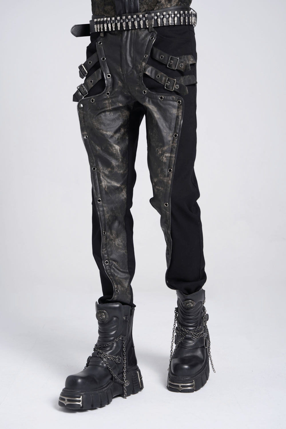 Men's gothic techwear pants with buckles, rivets, and distressed faux leather, perfect for alt fashion enthusiasts.