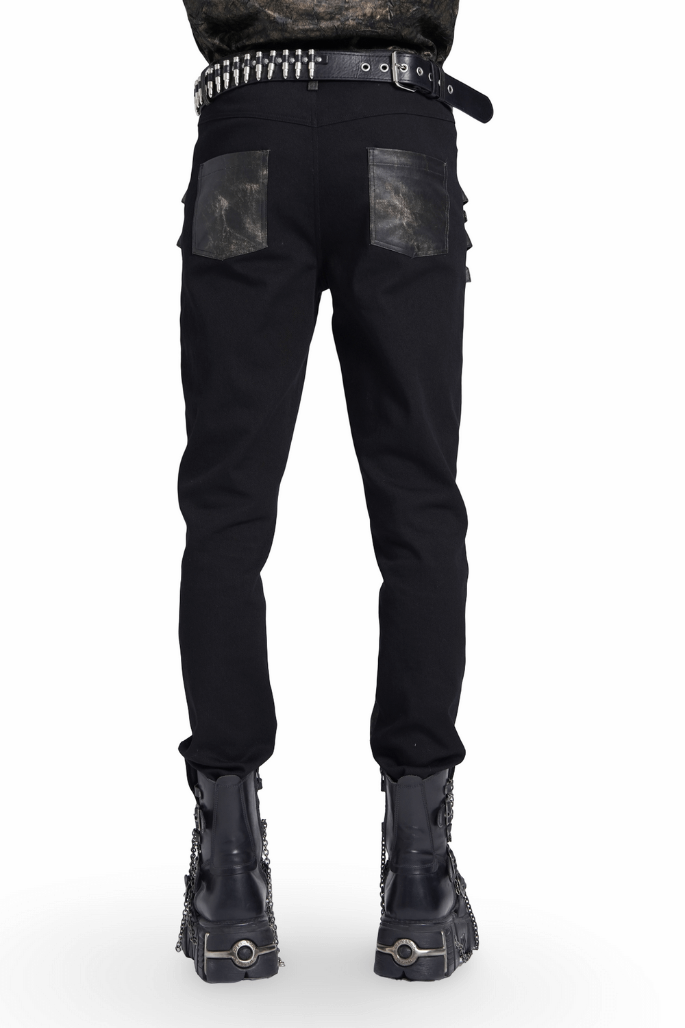Men's gothic techwear pants featuring distressed panels and buckled straps, perfect for alt fashion lovers.
