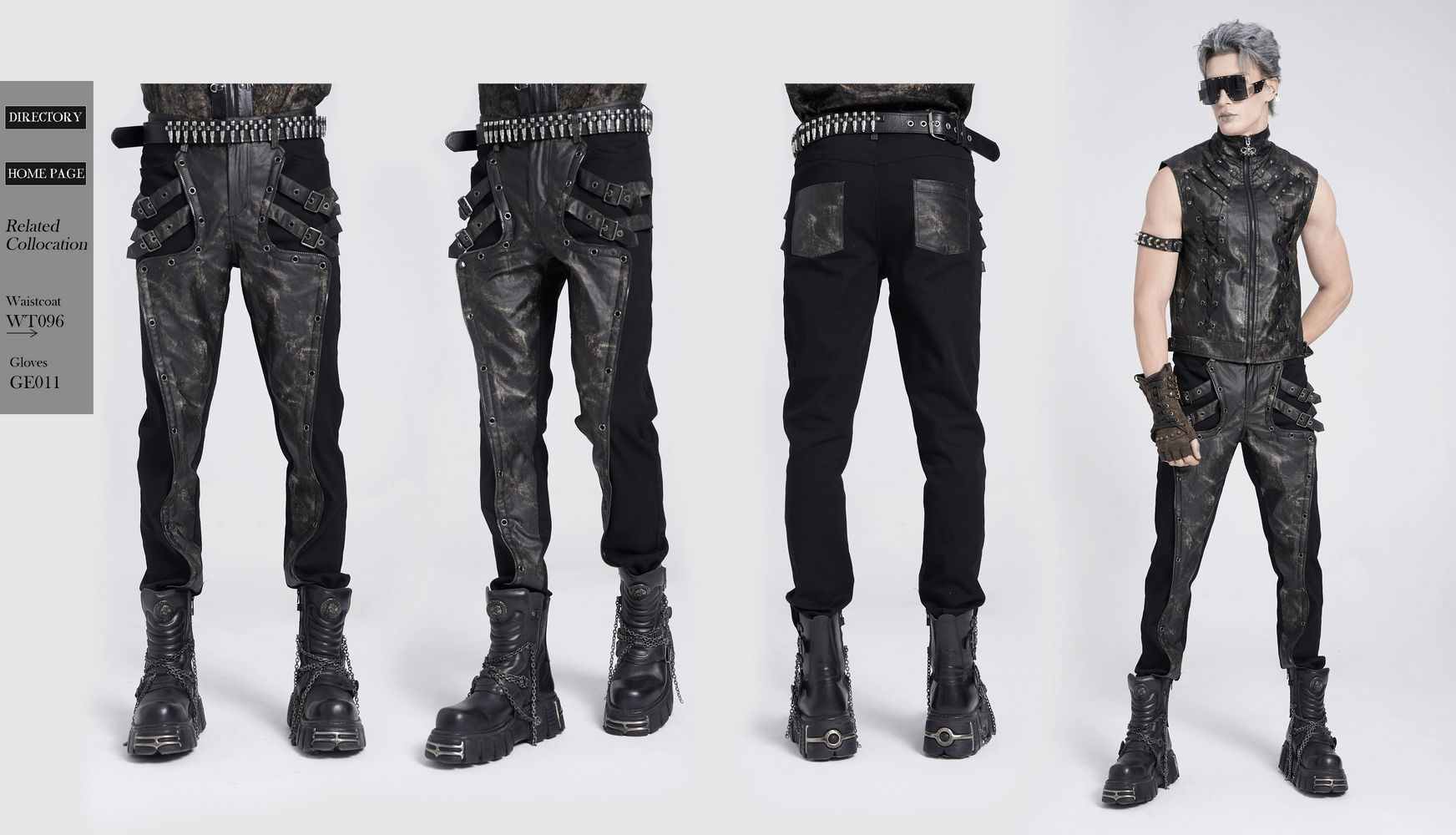 Men's gothic techwear pants with buckles, distressed faux leather, metal rivets, and a punk edge, perfect for alternative fashion.