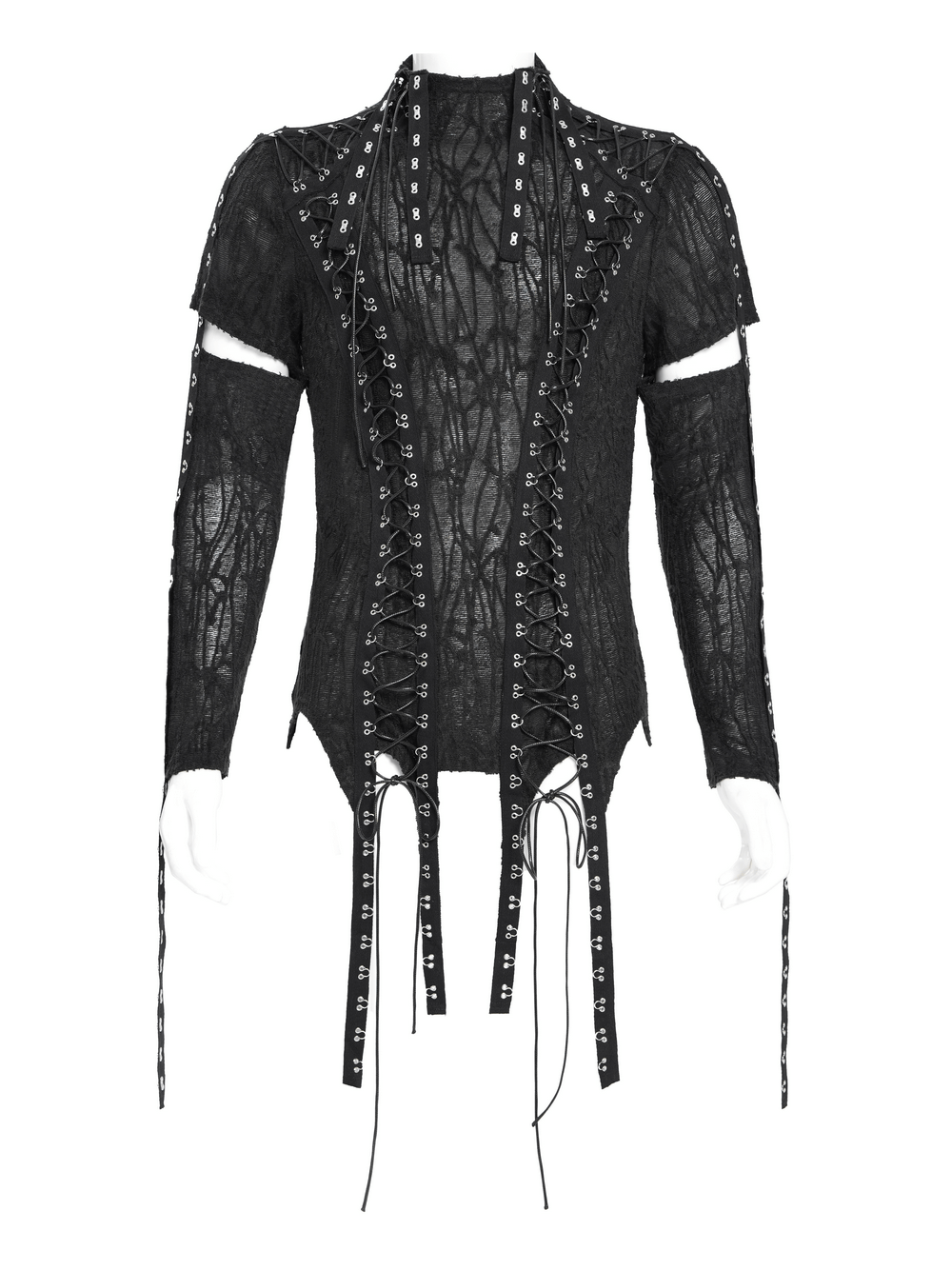 Men's gothic black mesh top with cut-out sleeves and corset-style lacing detail for punk fashion.