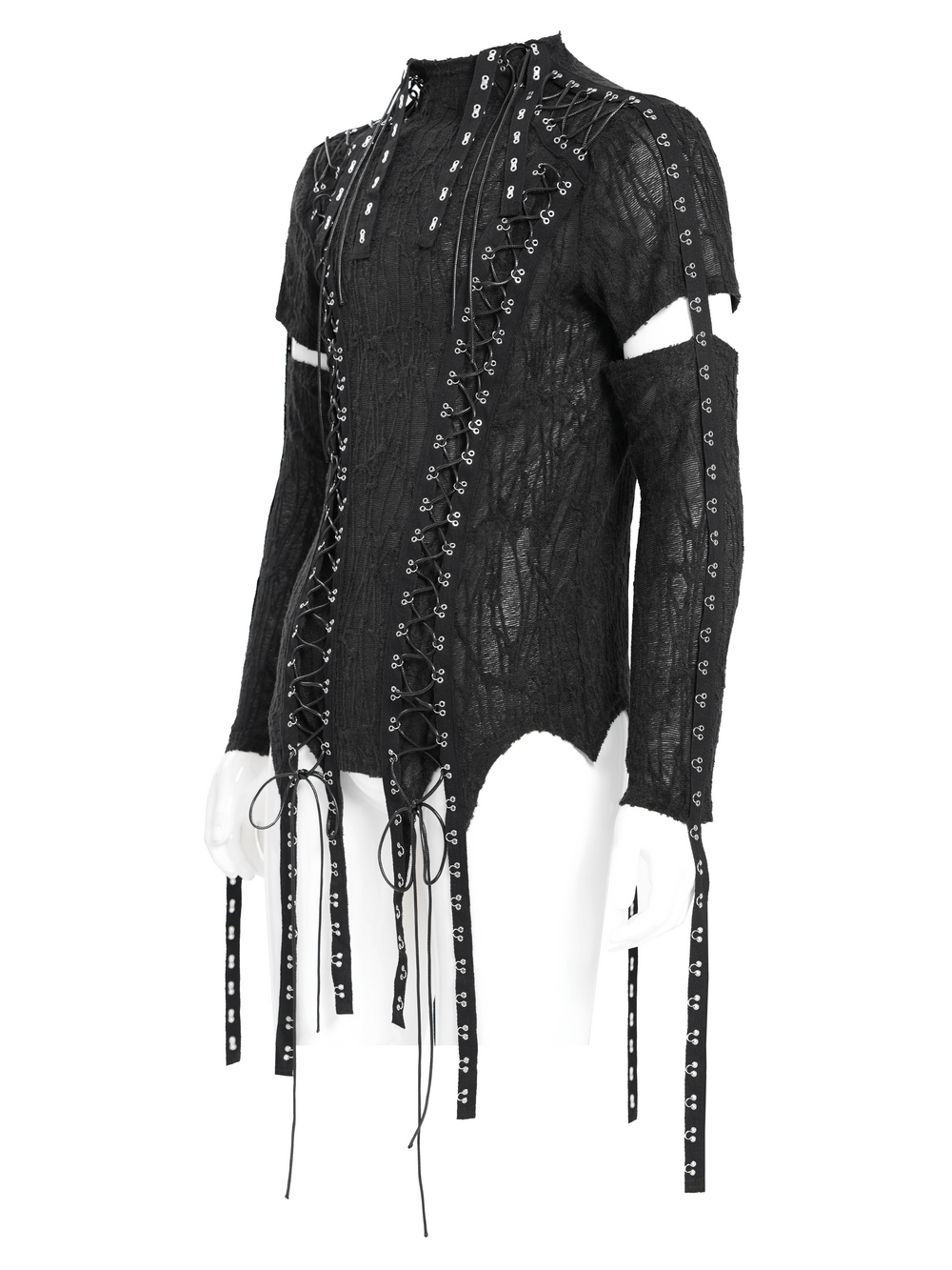 Black men's gothic top with cut-out sleeves and lace-up details, perfect for punk fashion and alternative styling.