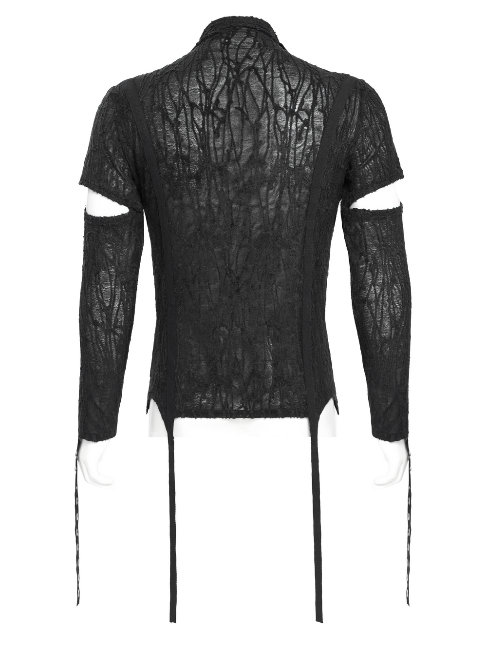 Men's gothic top showcasing cut-out sleeves and corset lacing, crafted from black semi-sheer mesh.