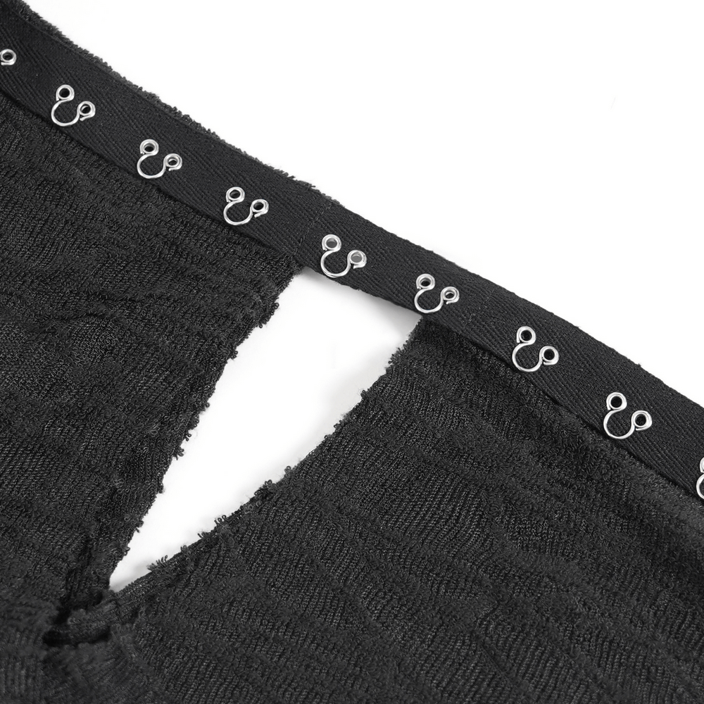 Close-up of black gothic top featuring cut-out sleeve design and corset lacing detail for edgy punk style.