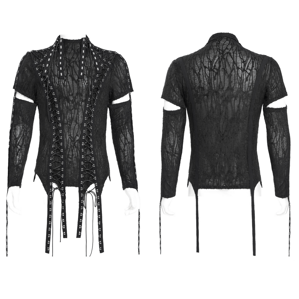 Men's Gothic Black Mesh Top with Cut-Out Sleeves and Corset Lacing, perfect for punk and alternative fashion.