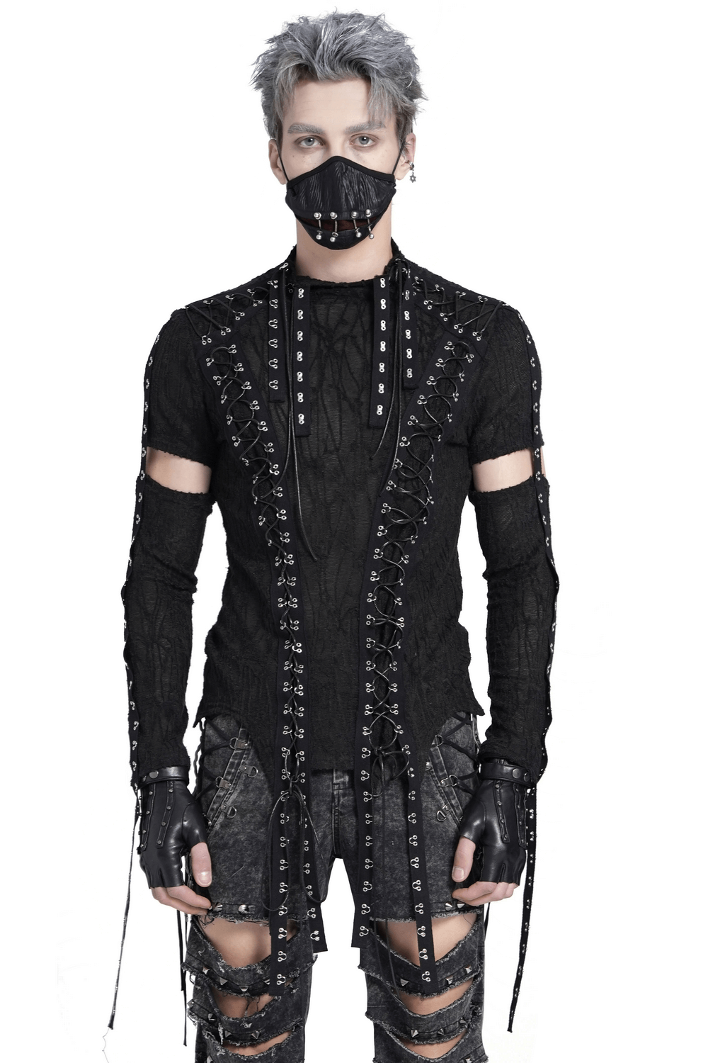 Men's gothic black mesh top with cut-out sleeves and corset lacing, paired with punk-inspired accessories.