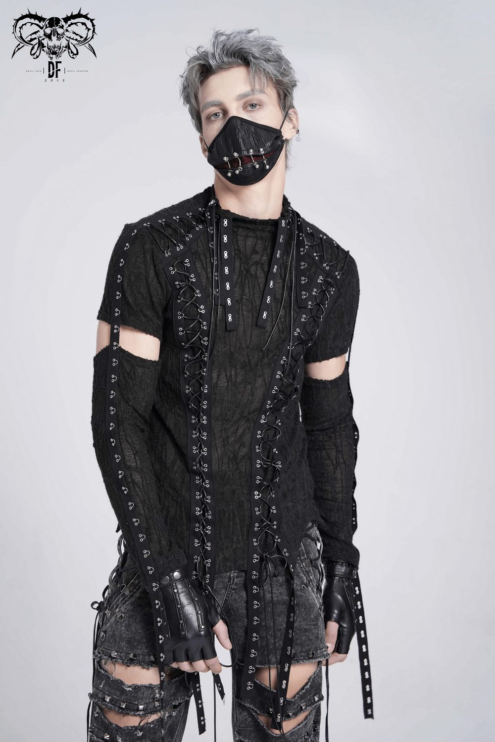 Men's gothic top with cut-out sleeves, corset lacing, and black punk aesthetic for alternative fashion.
