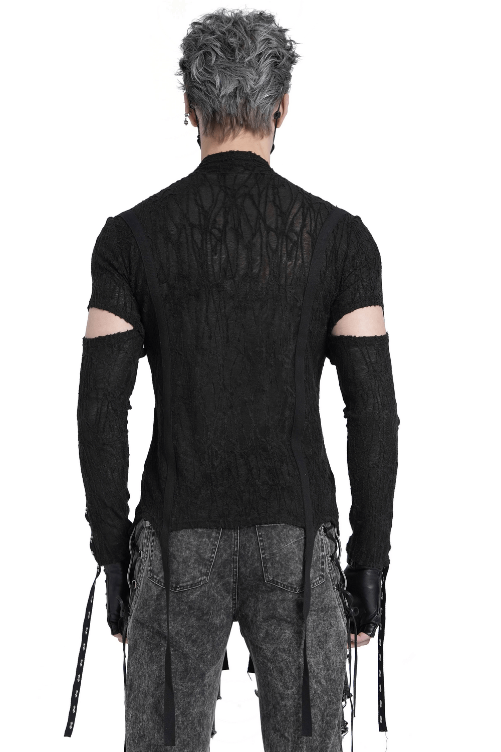 Men's black gothic top with cut-out sleeves and corset lacing, perfect for punk fashion and alternative styling.
